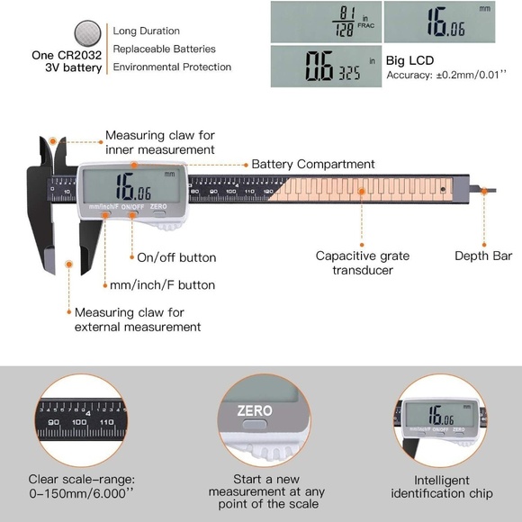 Digital Caliper 6 Inch with Larger LCD Display, Inch/Fractions/Millimeter - Picture 3 of 7